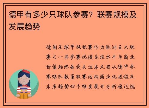 德甲有多少只球队参赛？联赛规模及发展趋势