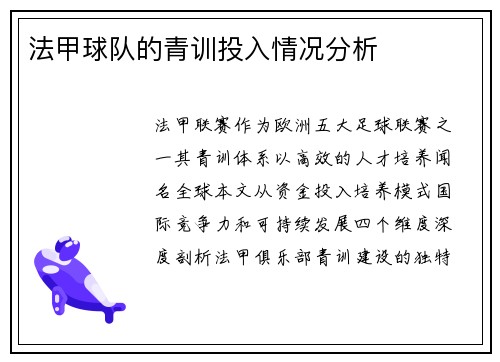 法甲球队的青训投入情况分析