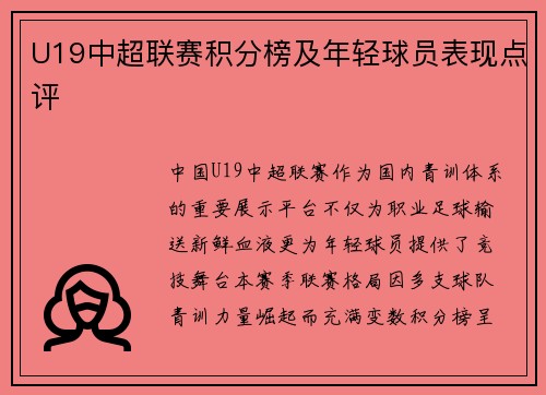 U19中超联赛积分榜及年轻球员表现点评